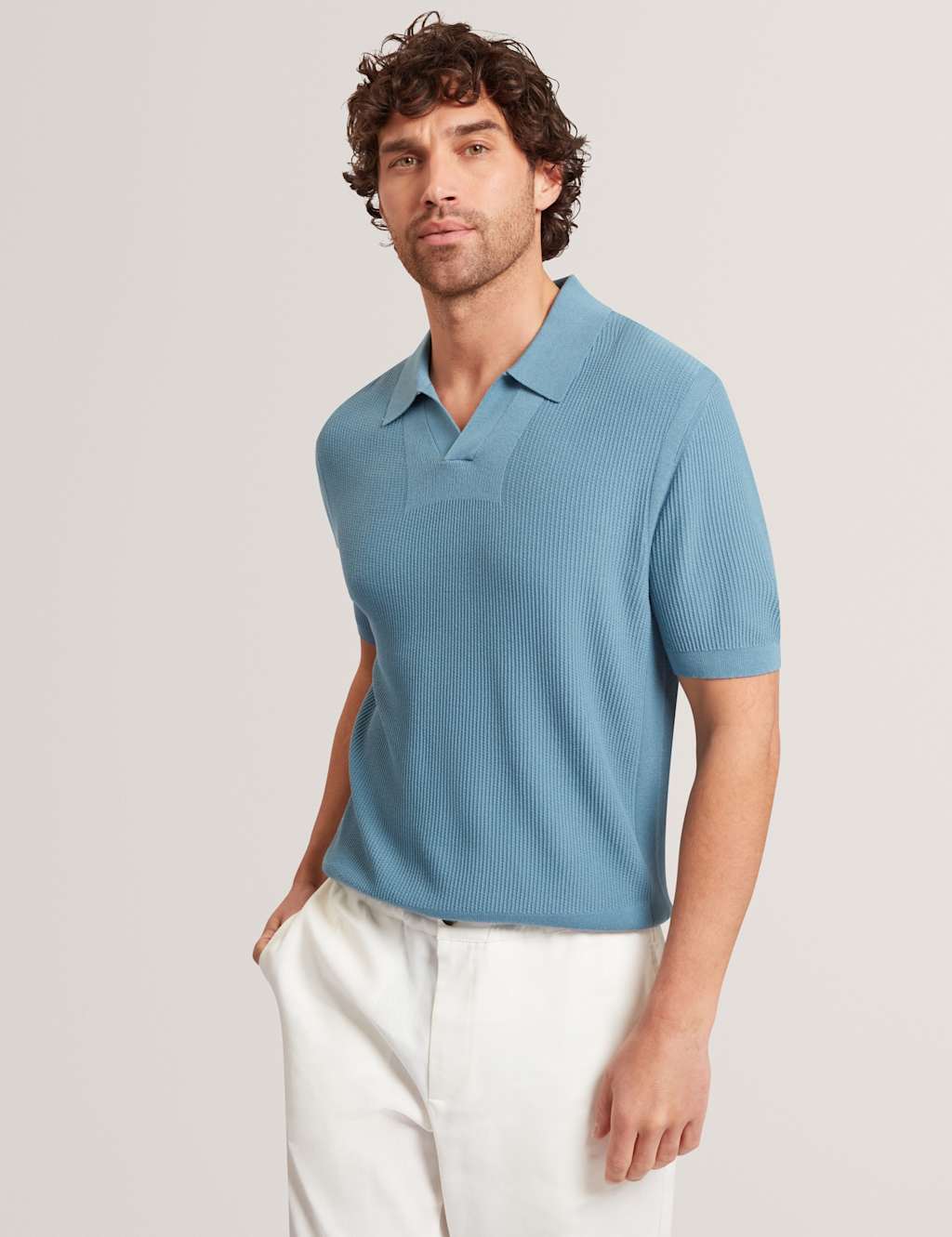 Ted Baker Textured Open Neck Knitted Polo Shirt Light Blue