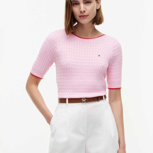 Tommy Hilfiger Pure Cotton Cable Knit Slash Neck Knitted Top Pink