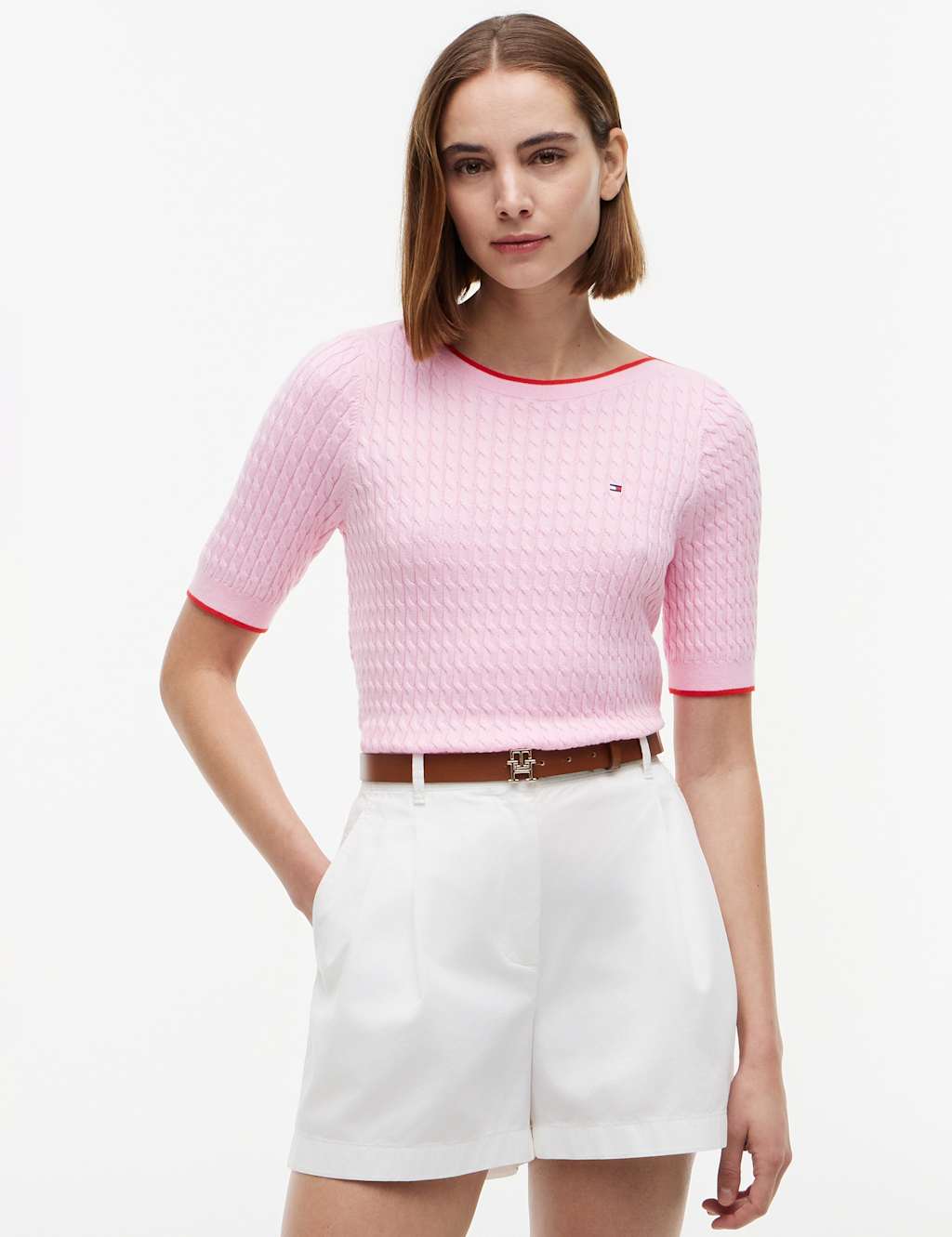 Tommy Hilfiger Pure Cotton Cable Knit Slash Neck Knitted Top Pink
