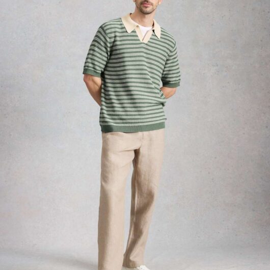White Stuff Cotton Linen Blend Striped Knitted Polo Shirt Green Mix