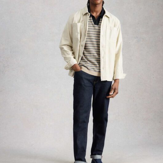 White Stuff Cotton Linen Blend Striped Knitted Polo Shirt Navy Mix