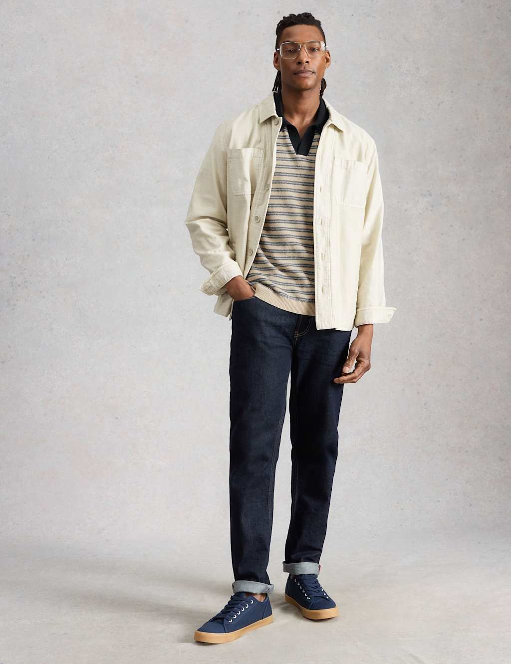White Stuff Cotton Linen Blend Striped Knitted Polo Shirt Navy Mix